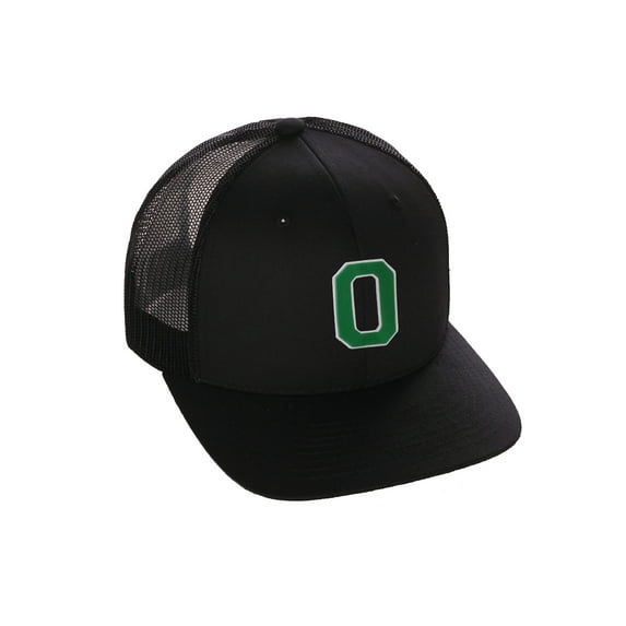 Structured Trucker Mesh Hat Custom Colors Letter O Initial Baseball Mid Profile (Black Black White Green)