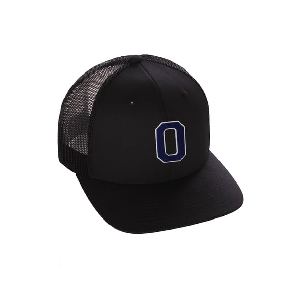 Structured Trucker Mesh Hat Custom Colors Letter O Initial Baseball Mid Profile (Black Black White Navy)