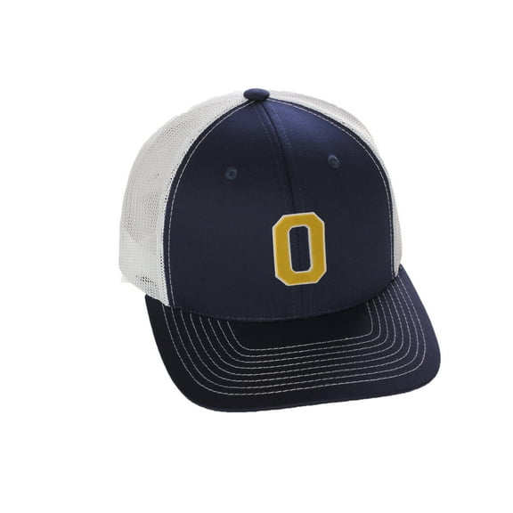Structured Trucker Mesh Hat Custom Colors Letter O Initial Baseball Mid Profile (Navy White White Gold)