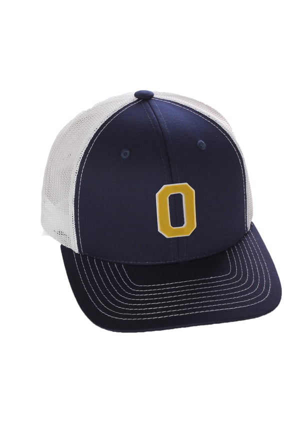Structured Trucker Mesh Hat Custom Colors Letter O Initial Baseball Mid Profile (Navy White White Gold)