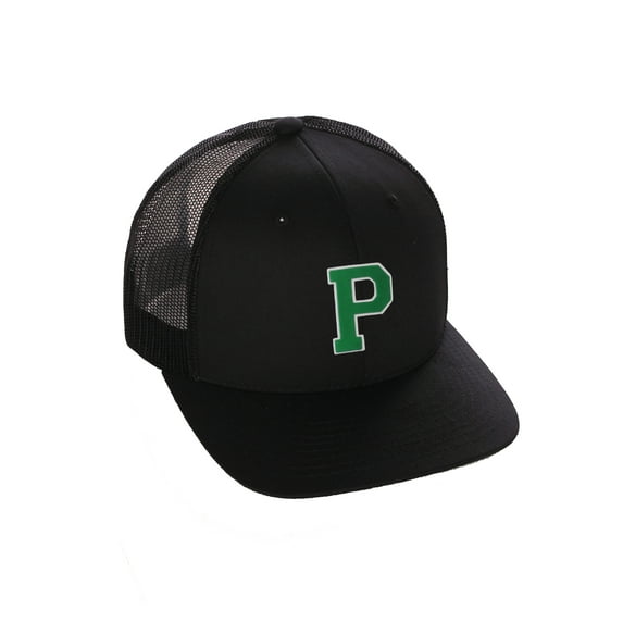 Structured Trucker Mesh Hat Custom Colors Letter P Initial Baseball Mid Profile (Black Black White Green)