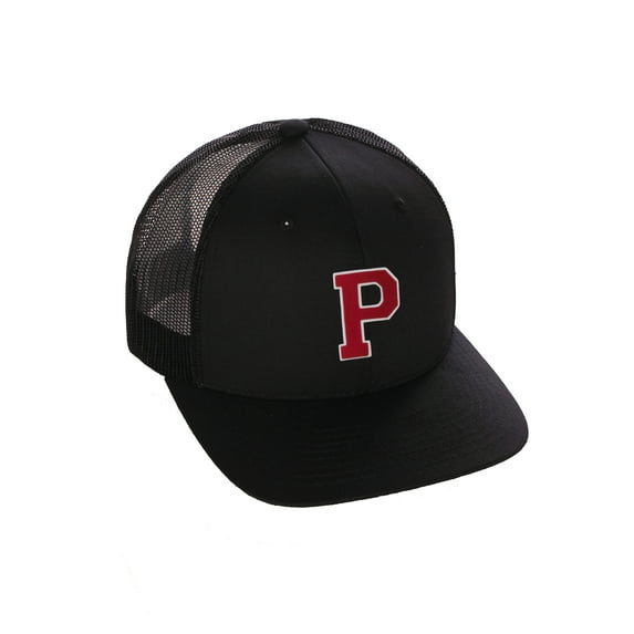 Structured Trucker Mesh Hat Custom Colors Letter P Initial Baseball Mid Profile (Black Black White Red)