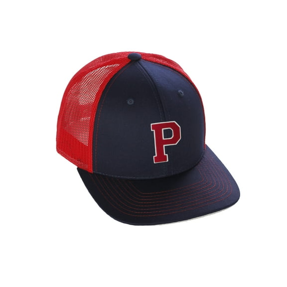 Structured Trucker Mesh Hat Custom Colors Letter P Initial Baseball Mid Profile (Navy Red White Red)