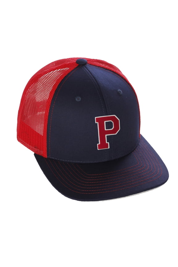 Structured Trucker Mesh Hat Custom Colors Letter P Initial Baseball Mid Profile (Navy Red White Red)