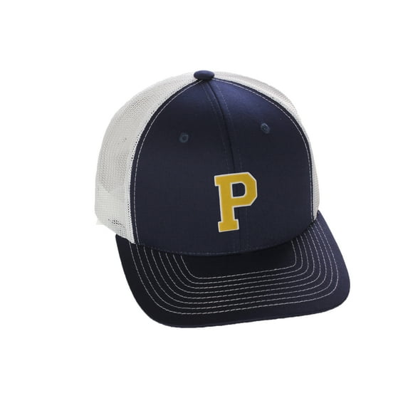 Structured Trucker Mesh Hat Custom Colors Letter P Initial Baseball Mid Profile (Navy White White Gold)