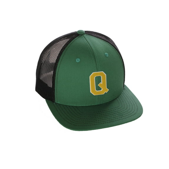 Structured Trucker Mesh Hat Custom Colors Letter Q Initial Baseball Mid Profile (Green Black White Gold)