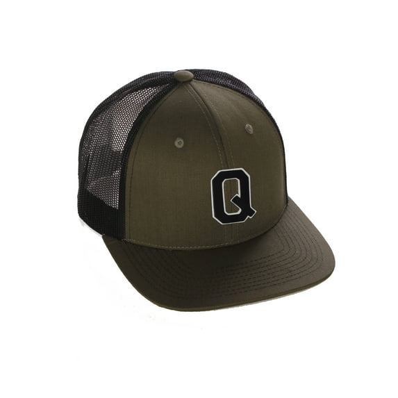 Structured Trucker Mesh Hat Custom Colors Letter Q Initial Baseball Mid Profile (Olive Black White Black)