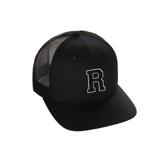 Structured Trucker Mesh Hat Custom Colors Letter R Initial Baseball Mid Profile (Black Black White Black)