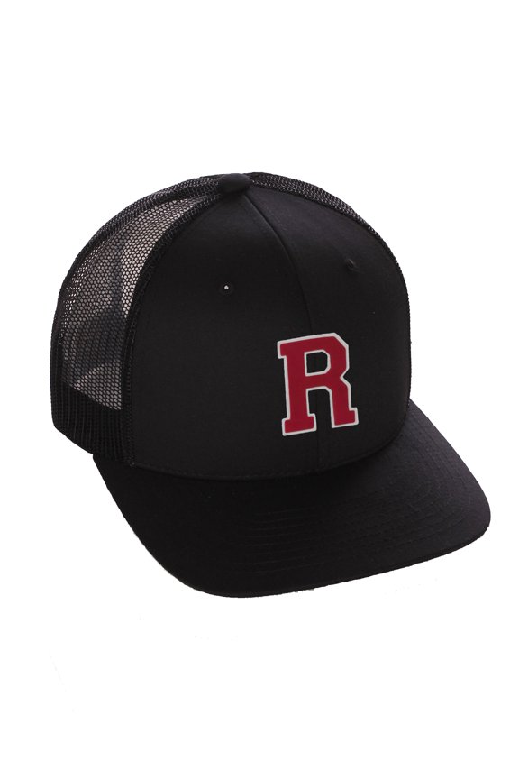 Structured Trucker Mesh Hat Custom Colors Letter R Initial Baseball Mid Profile (Black Black White Red)