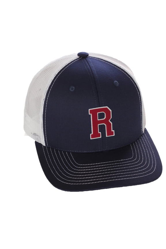 Structured Trucker Mesh Hat Custom Colors Letter R Initial Baseball Mid Profile (Navy White White Red)