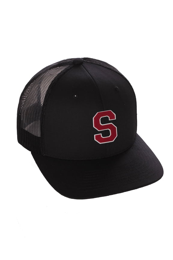 Structured Trucker Mesh Hat Custom Colors Letter S Initial Baseball Mid Profile (Black Black White Red)