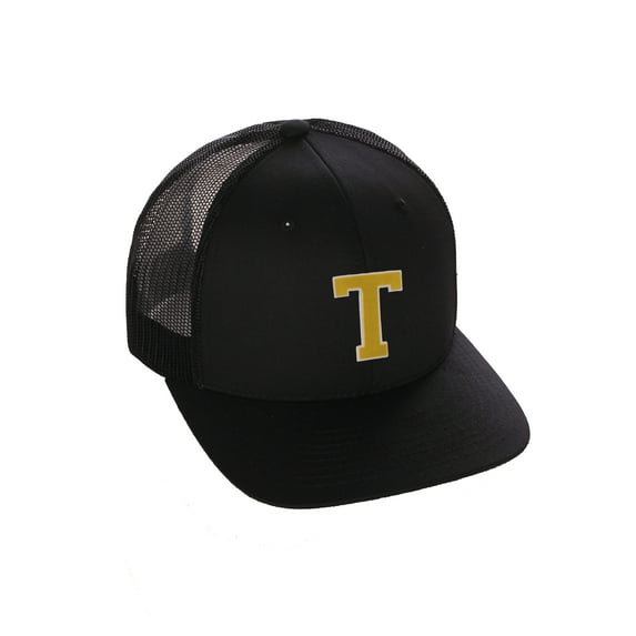 Structured Trucker Mesh Hat Custom Colors Letter T Initial Baseball Mid Profile (Black Black White Gold)