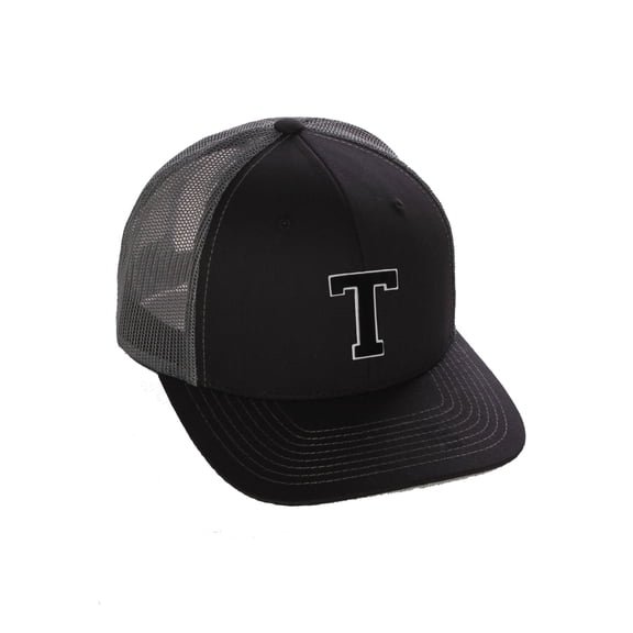 Structured Trucker Mesh Hat Custom Colors Letter T Initial Baseball Mid Profile (Black Charcoal White Black)