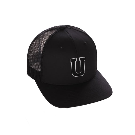 Structured Trucker Mesh Hat Custom Colors Letter U Initial Baseball Mid Profile (Black Black White Black)