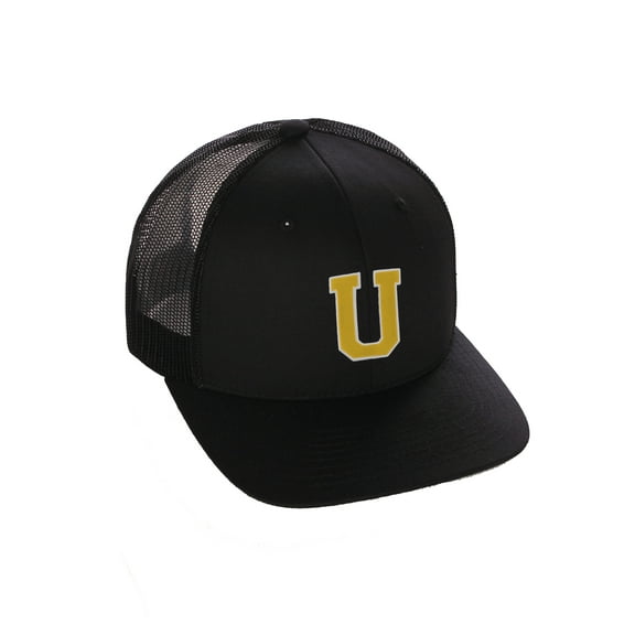 Structured Trucker Mesh Hat Custom Colors Letter U Initial Baseball Mid Profile (Black Black White Gold)