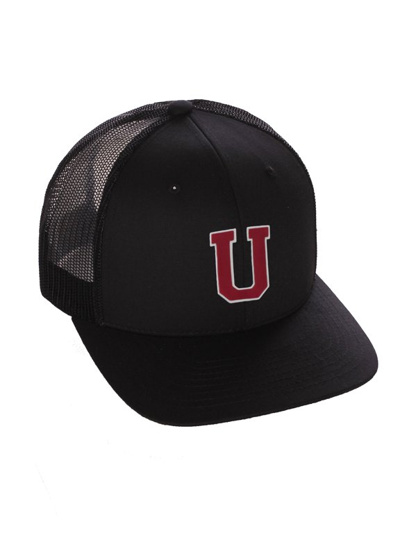 Structured Trucker Mesh Hat Custom Colors Letter U Initial Baseball Mid Profile (Black Black White Red)