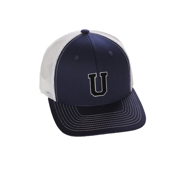 Structured Trucker Mesh Hat Custom Colors Letter U Initial Baseball Mid Profile (Navy White White Black)