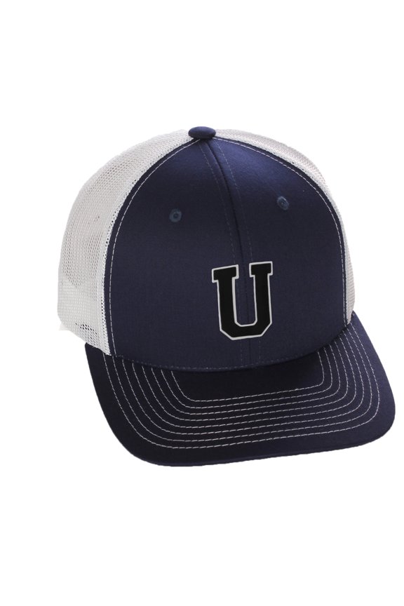 Structured Trucker Mesh Hat Custom Colors Letter U Initial Baseball Mid Profile (Navy White White Black)
