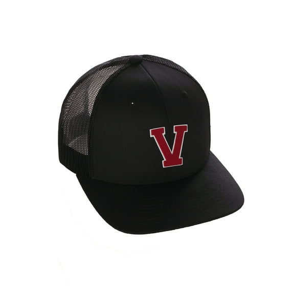 Structured Trucker Mesh Hat Custom Colors Letter V Initial Baseball Mid Profile (Black Black White Red)