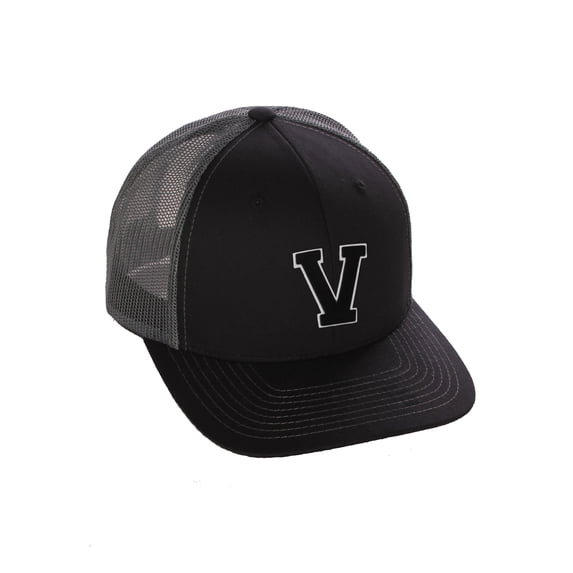 Structured Trucker Mesh Hat Custom Colors Letter V Initial Baseball Mid Profile (Black Charcoal White Black)