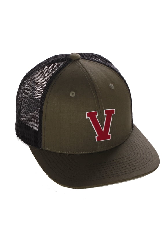 Structured Trucker Mesh Hat Custom Colors Letter V Initial Baseball Mid Profile (Olive Black White Red)