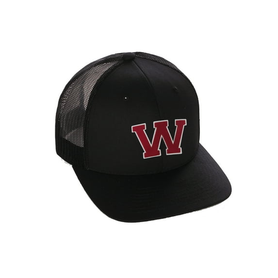 Structured Trucker Mesh Hat Custom Colors Letter W Initial Baseball Mid Profile (Black Black White Red)