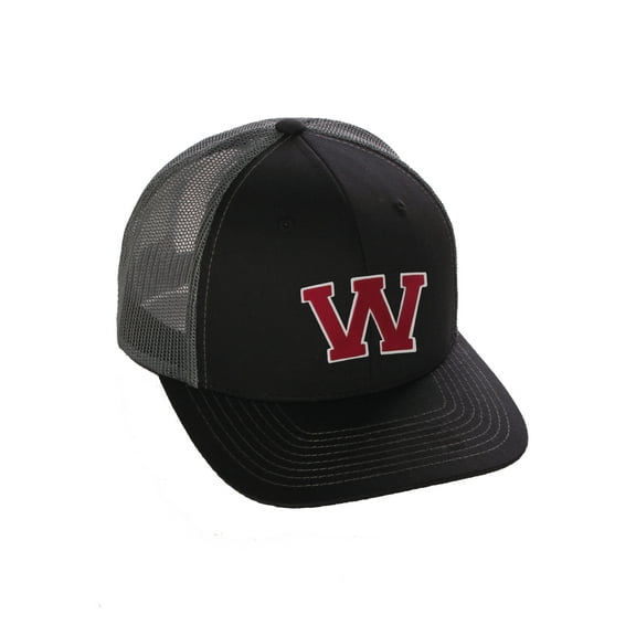 Structured Trucker Mesh Hat Custom Colors Letter W Initial Baseball Mid Profile (Black Charcoal White Red)