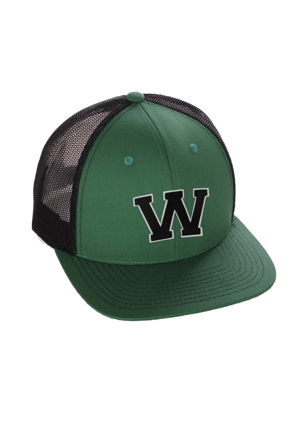 Structured Trucker Mesh Hat Custom Colors Letter W Initial Baseball Mid Profile (Green Black White Black)