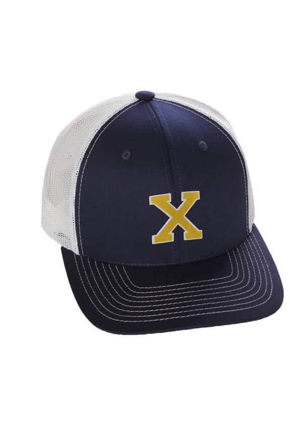 Structured Trucker Mesh Hat Custom Colors Letter X Initial Baseball Mid Profile (Navy White White Gold)