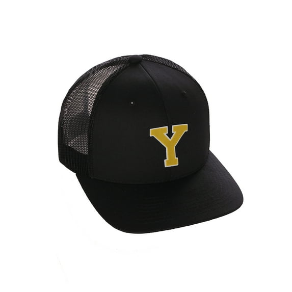 Structured Trucker Mesh Hat Custom Colors Letter Y Initial Baseball Mid Profile (Black Black White Gold)