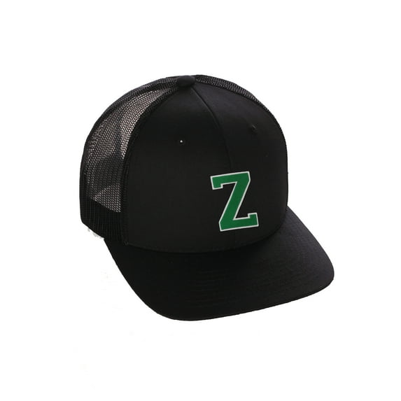 Structured Trucker Mesh Hat Custom Colors Letter Z Initial Baseball Mid Profile (Black Black White Green)