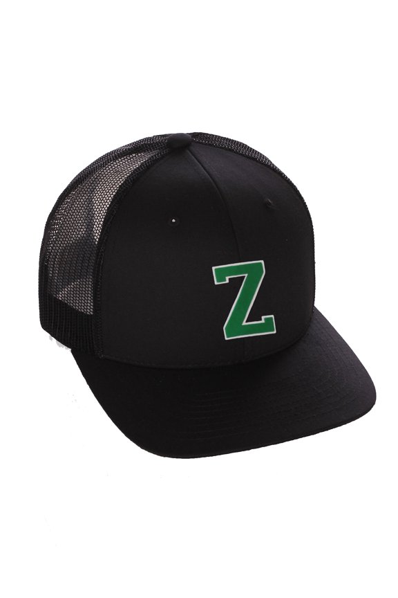 Structured Trucker Mesh Hat Custom Colors Letter Z Initial Baseball Mid Profile (Black Black White Green)