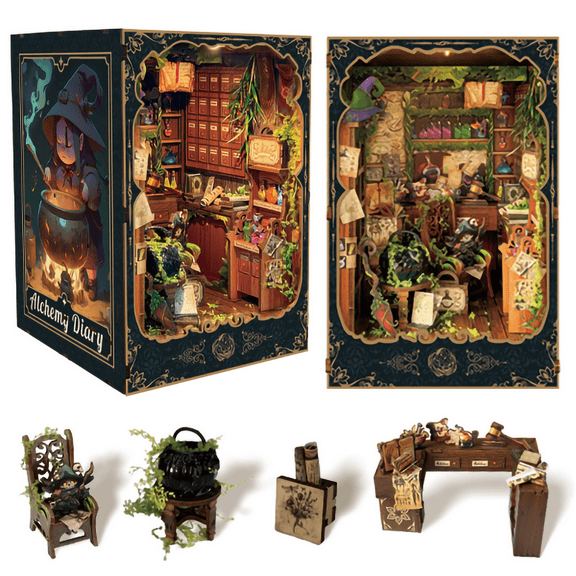 Strucwood DIY Book Nook Kit Alchemy Diary Wooden Puzzles with LED Dust Cover,3D Crafts Hobbies,Gifts for Adults(SQ-43)