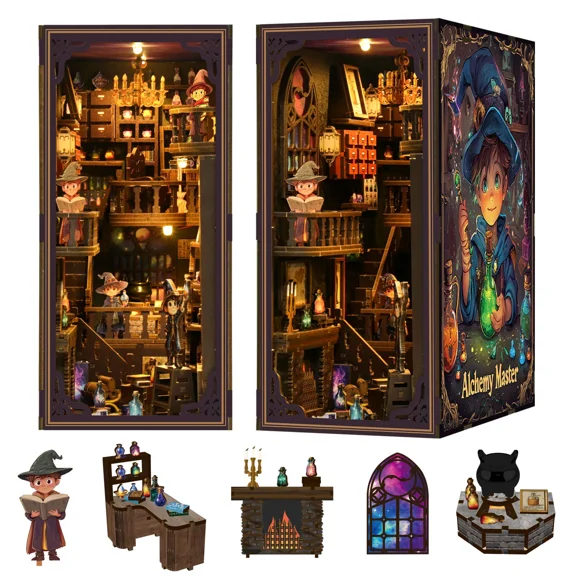 Strucwood DIY Book Nook Kit Alchemy Master Wooden Puzzles with LED Dust Cover,3D Crafts Hobbies,Gifts for AdultsBV02-013