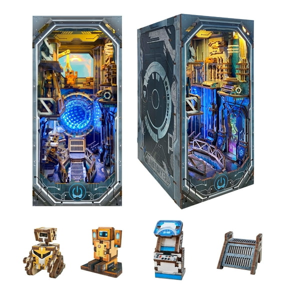 Strucwood DIY Book Nook Kit Cyberpunk Wooden Puzzles with LED Dust Cover,3D Diorama Dollhouse Kit Crafts Hobbies Gifts for Adults(SQ-27)