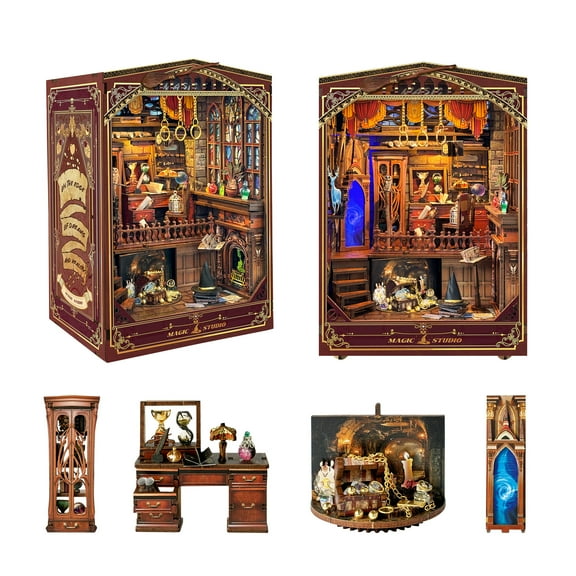 Strucwood DIY Book Nook Kit Magic Studio Wooden Puzzles with LED Dust Cover,3D Crafts Hobbies Gifts for AdultsSQ-54