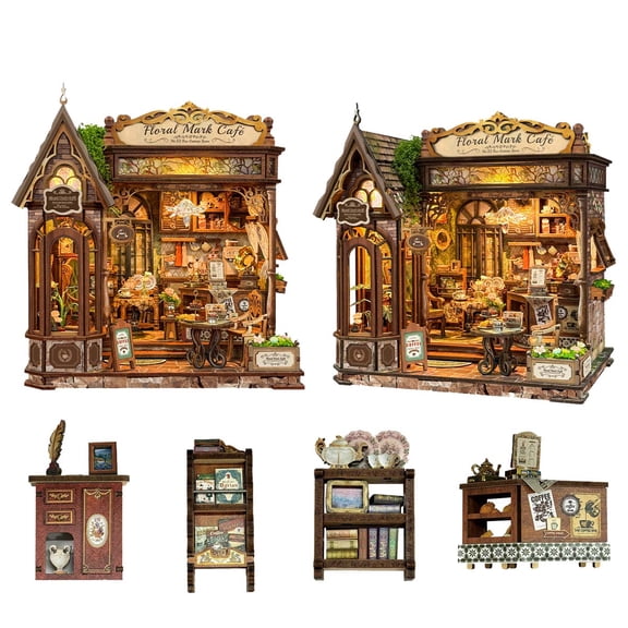 Strucwood Floral Mark Cafe Series Mini Dollhouse Book Nook Kit, 3D Vintage Coffee Shop Diorama with Touch LED Lights, Adult Craft Gift (SQ-115)