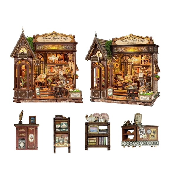 Strucwood Floral Mark Cafe Series Mini Dollhouse Book Nook Kit, 3D Vintage Coffee Shop Diorama with Touch LED Lights, Adult Craft Gift （SQ-115）