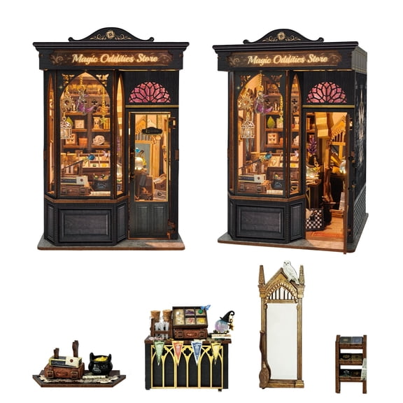 Strucwood Magic Oddities Store DIY Wooden Book Nook Kit with Touch LED Lights,3D Miniature Wizard Shop Puzzle Craft Gifts for Adults(SQ-109)