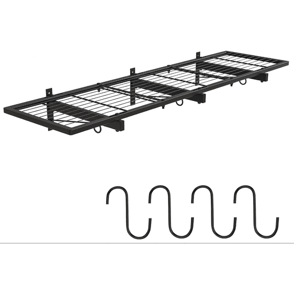 Strundghti 1-Pack Wall-Mounted Garage Storage Shelves with 4 Hooks – 300 lbs Capacity Heavy Duty Metal Rack for Tools & Bins, 1×4 ft, Black