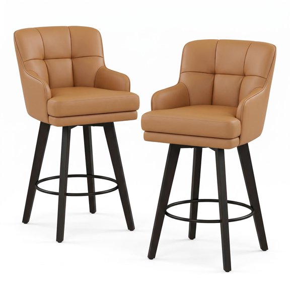 Strundghti 360° Swivel Counter Stool with Padded Back and Armrests, PU Leather Seat on Matte Black Solid Wood Legs, Footrest Ring Bar Chair for Kitchen Island, Home Bar, Cafe and Dining Space, Black