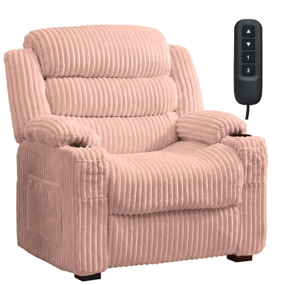 Strundghti Oversized Electric Recliner with USB Port & Cup Holders – 26" Wide Corduroy Power Reclining Chair for Living Room, Pink