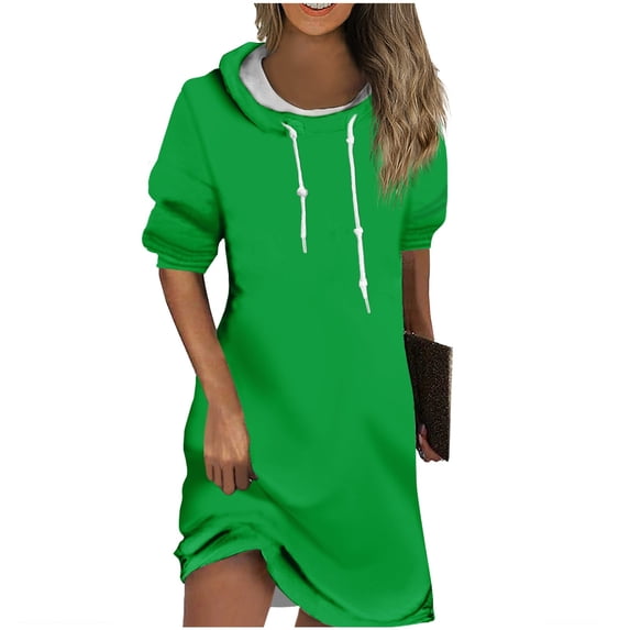 Strungten Women's Fashion Casual Solid Color Long Sleeve Drawstring Hoodie Sweatshirt Dress dresses for women 2023