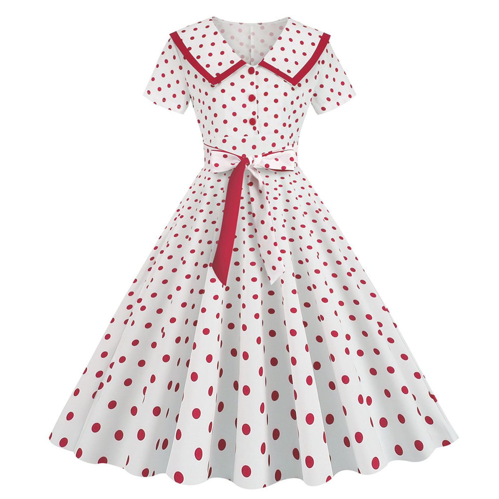 Strungten Women's Fashion Lapel Vintage Polka Dot Print Maxi Dress With ...