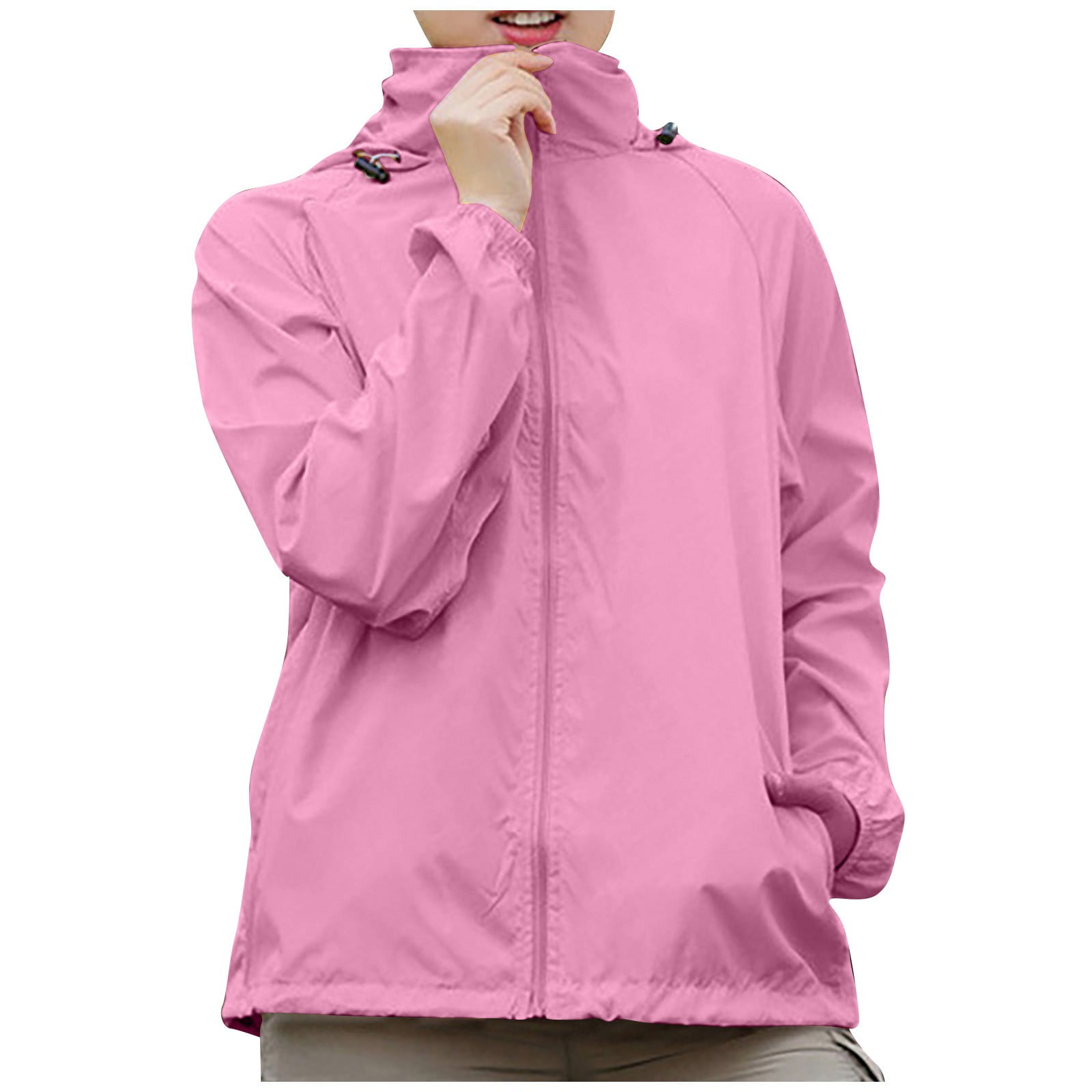 Strungten Women's Solid Colored Hooded Long Sleeved Jacket, Windbreaker