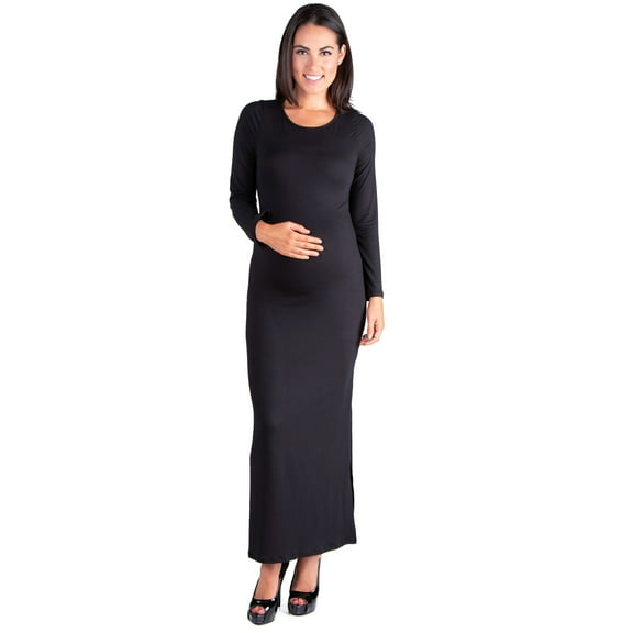 Strut It Black Long Sleeve Side Slit Maternity Maxi Dress
