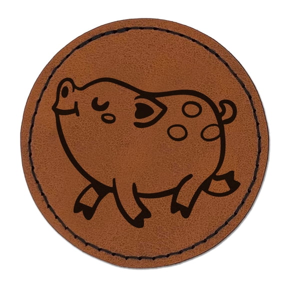 Strutting Cartoon Pig Piglet Pork Round Iron-On Engraved Faux Leather Patch Applique - 2.5 Inch - Brown