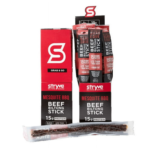 Stryve Beef Biltong Stick Mesquite BBQ | Low Fat, Low Carb, Low Sugar | Gluten and Soy Free | 15g Protein | 12 Sticks