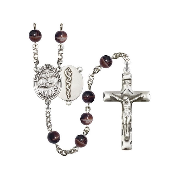 Sts. Cosmas & Damian / Doctors Silver-Plated Rosary 7mm Brown Beads Crucifix Size 1 3/4 x 1 medal charm