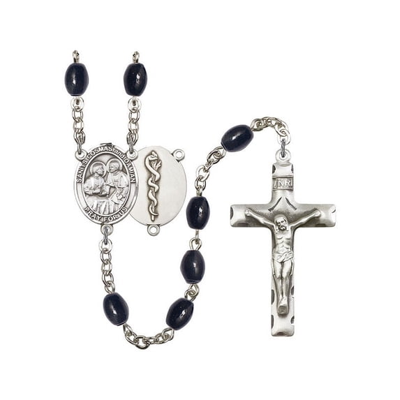 Sts. Cosmas & Damian / Doctors Silver-Plated Rosary 8x6mm Black Onyx Beads Crucifix Size 1 3/4 x 1 medal charm